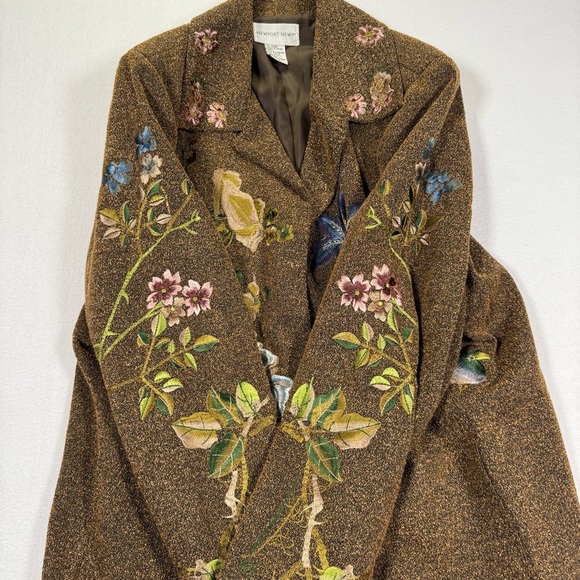Vintage art blazer floral bird embroidered jacket NEWPORT NEWS 14w brown long - Picture 5 of 15